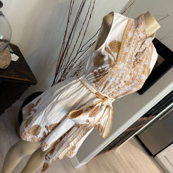 SUE SARTOR Hand Made Block Printed Brown&Cream Floral&Vines FLOUNCE DR. - Picture 1 of 12